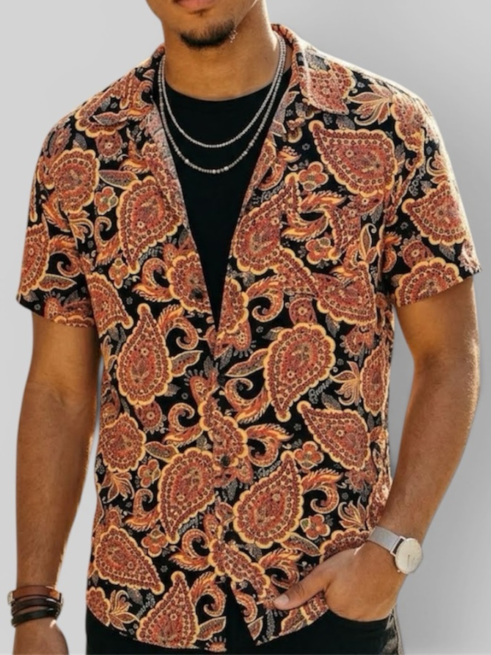 Reason Short Sleeve Men’s Paisley Button Down Shirt Black Brown Tan Size Large